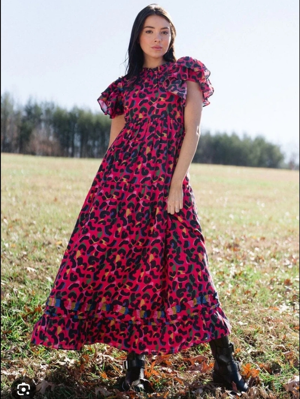 Briton Court Bright Pink Leopard Print Maxi Dress with Ruffle Sleeve_XS